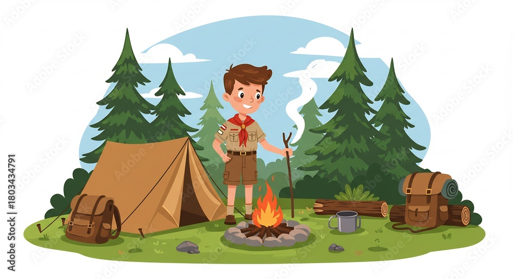 Naklejka premium Cheerful young camper enjoys a warm campfire beside a tent and tall green trees in a charming outdoor adventure illustration. AI Generated