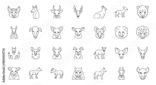 Collection of animal outlines featuring kangaroo cow horse dog and wolf