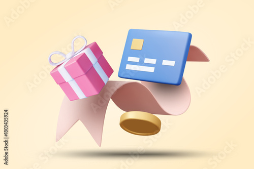3D vector illustration render of gift box and credit card floating on ribbon roll. Online shopping concept, special promotion, secure payment, gift giving.