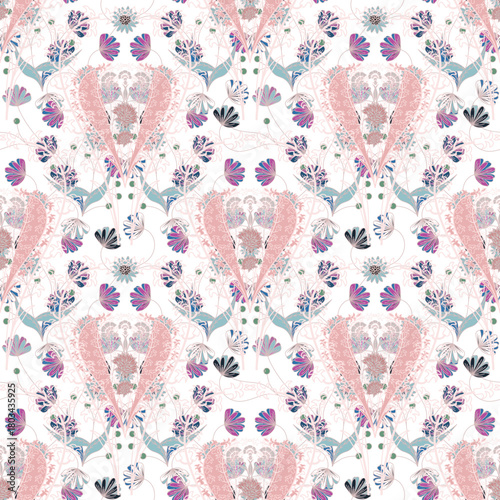 Floral seamless pattern ,Jacobean Print Pattern Seamless , navy flowers Vector clipart. Seamless pattern with stylized exotic flowers, climbing plants. Fashion floral wallpaper, background. Asian
