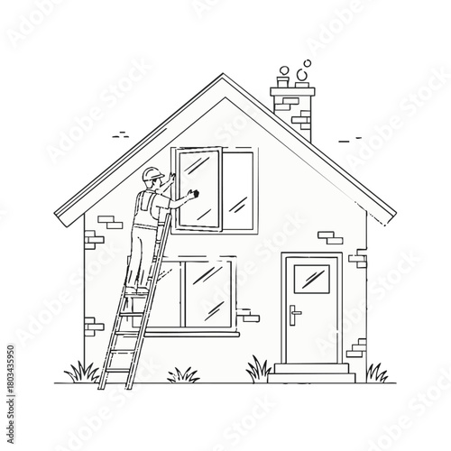 A construction worker cleans a window on a house, using a ladder for access to complete the task with precision and care.