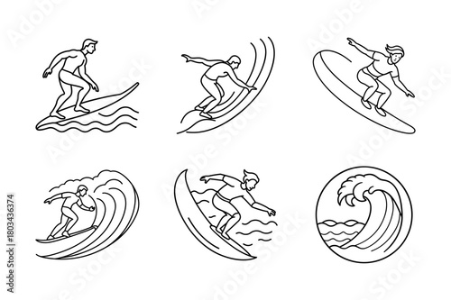 Surfing With Waves Breaking In Background Line Art Curved Wave Motion Minimal And Simple White Background Only