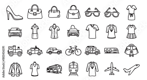 Collection of Transportation Vehicles and Fashion Accessories Black and White Drawing