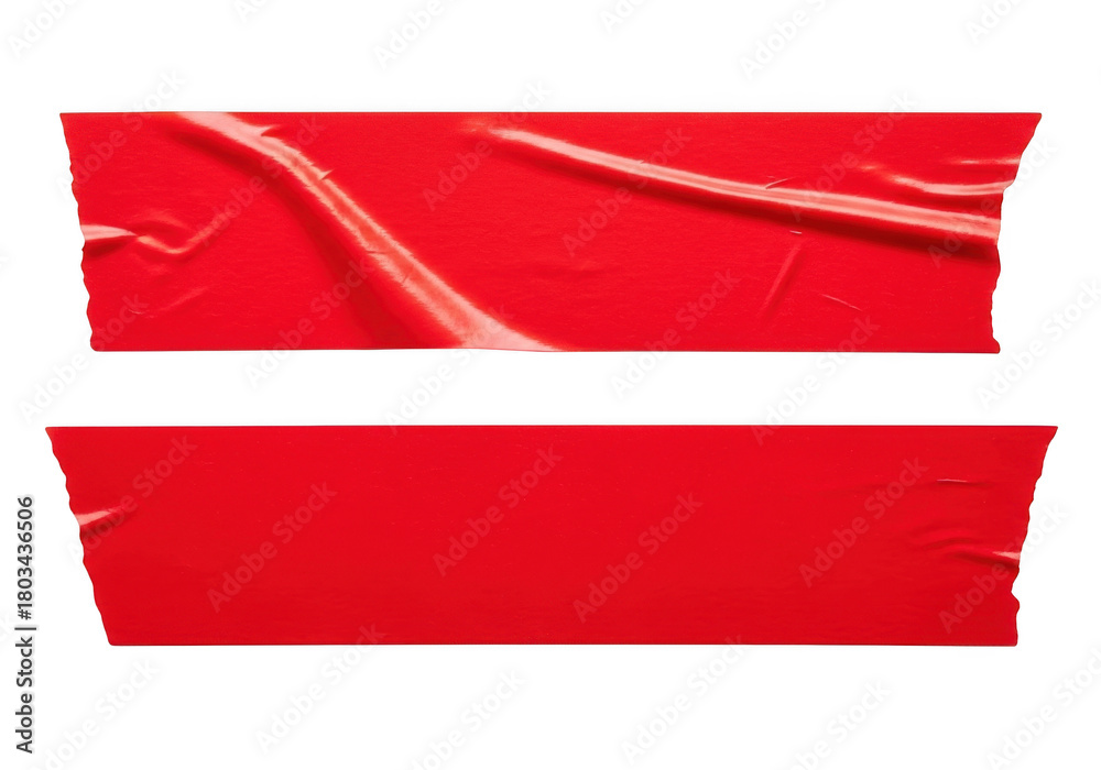 Naklejka premium Two strips of red duct tape, adhesive tape, masking tape, sticky tape, realistic tape texture, repair tape, painter tape, red tape isolated on transparent background