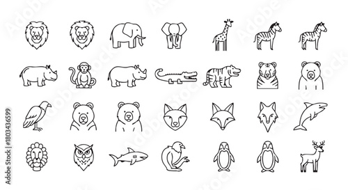 Collection of twelve simple black and white animal icons vector illustration