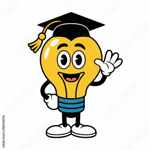Vector cartoon lightbulb character wearing a graduation cap and waving its hand cheerfully at the viewer