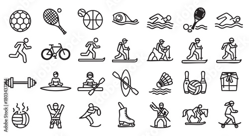 Collection of various sports icons in simple line art style