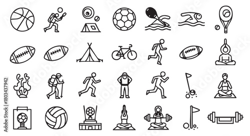 Diverse sports and outdoor activities icon set in black line design