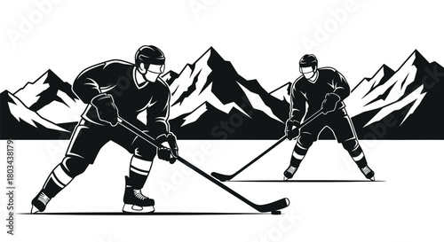 Hockey players vector illustration ice sport mountain background