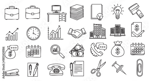 Doodle office items and business elements hand drawn illustration design