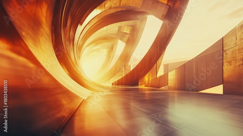 Fototapeta Naklejka Na Ścianę i Meble -  Futuristic architectural tunnel with golden hour light