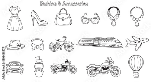 Fashion and accessories collection with hand drawn line art illustrations