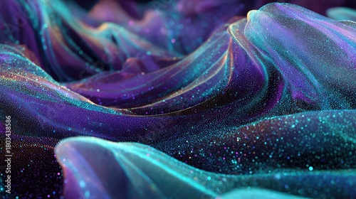 Abstract glitter waves forming glowing purple and teal liquid topography