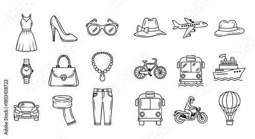 Fashion and Luxury Items Doodle Style Black and White Line Art
