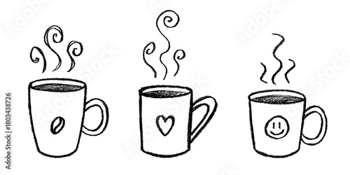 Set of cup of tea or coffee with rising steam Simple mug clipart Cozy home doodle Single element for print, web, design, decor