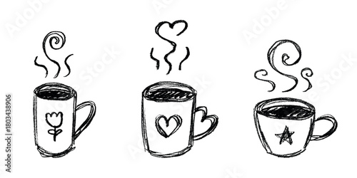 Set of cup of tea or coffee with rising steam Simple mug clipart Cozy home doodle Single element for print, web, design, decor