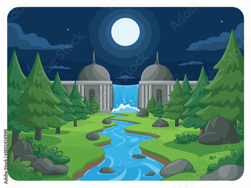 Vector a serene landscape with a waterfall flowing between buildings under a full moon at night