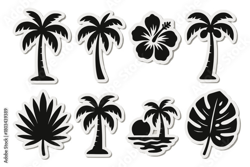 Sticker-style black and white icons: palm, surfboard, hibiscus, starfish, moon, island, sunglasses, leaf.