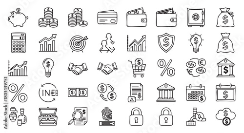 Financial Icons Set in Hand Drawn Style with Piggy Bank Concept