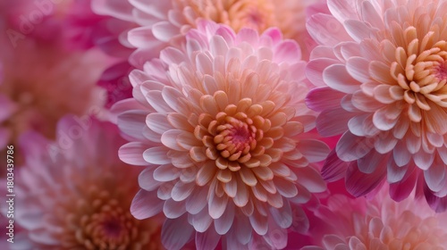 Abstract layer of chrysanthemums forming radial repetitions sharp crisp petal edges soft daylight enhances natural gradients shadows introduce