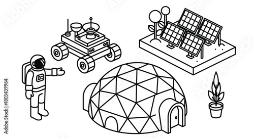 Exploring mars concept illustration with astronaut and solar panels