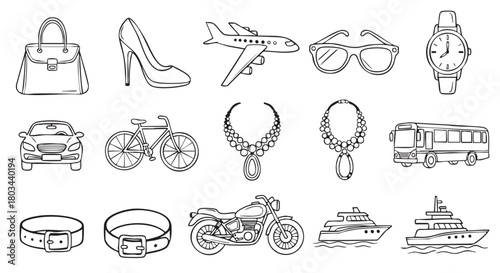 Hand drawn fashion and transport items in black and white style