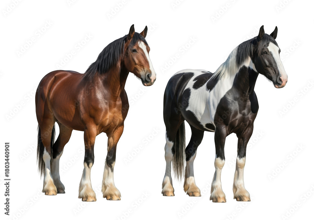 Obraz premium Two beautiful horses, brown and black and white, standing side by side, stock photo, equine photography, isolated on transparent background