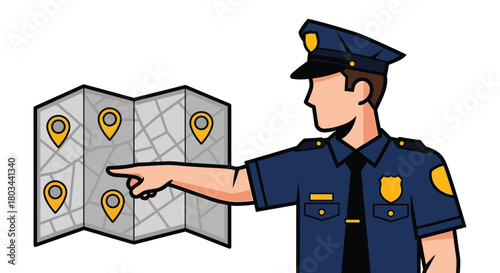 Police officer planning strategy on map with location pins cartoon