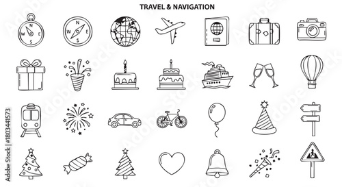 Hand drawn travel and celebration icon set in vector format