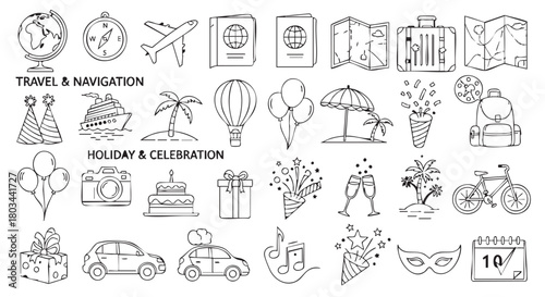 Hand drawn travel and holiday illustrations with navigation and celebration items