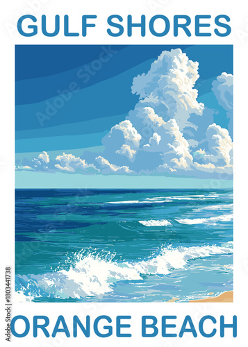 Vector travel poster illustration of Gulf Shores and Orange Beach, Alabama, showcasing close-up turquoise ocean waves crashing onto the shore.
