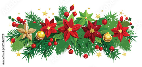 Christmas arrangement of poinsettia flowers and fir branches.