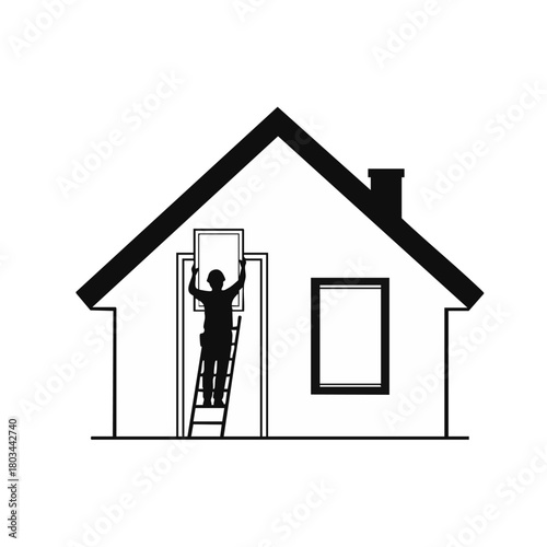 A silhouette of a worker installing a window on a house, representing home improvement and construction work in progress.