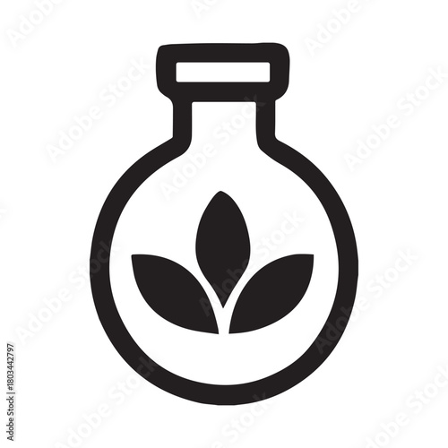 Stylized black and white icon of a round bottom flask containing three abstract green leaves symbolizing growth and natural science research