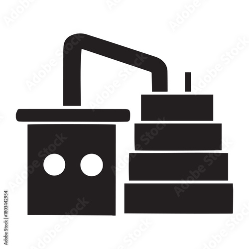 Stylized black and white illustration of a distillation apparatus with a round flask and stacked components symbolizing a process or system
