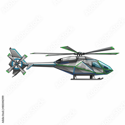 A silver and grey helicopter with green accents, shown in a side view, isolated on a white background.