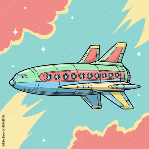 A colorful cartoon spaceship soaring through a vibrant sky with clouds.