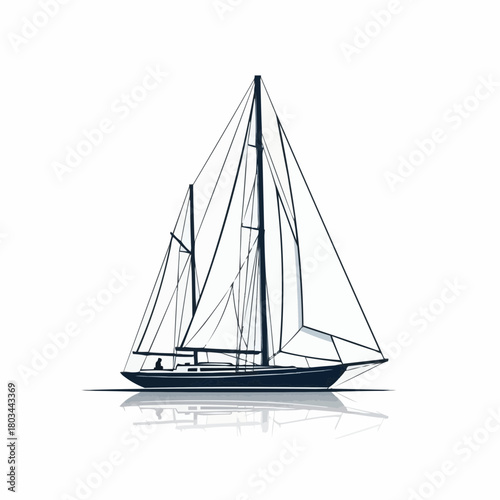 Illustration of a sailboat with white sails and a dark hull, reflected on a white surface.