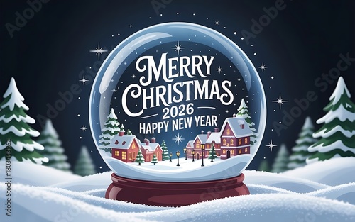 Merry Christmas and Happy New Year 2026 enchanting snow globe with snowy winter village and stars