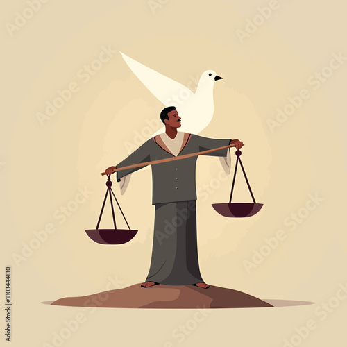 A silhouetted human figure standing and balancing large scales on their shoulders with a white dove flying overhead against a sun background.