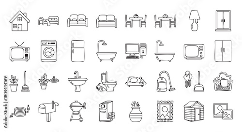 Set of Hand Drawn Household Items Icons in Black and White
