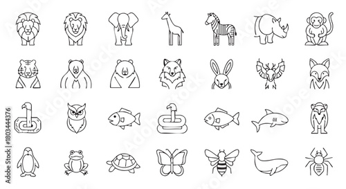 Set of stylized animal icons in black and white design vector