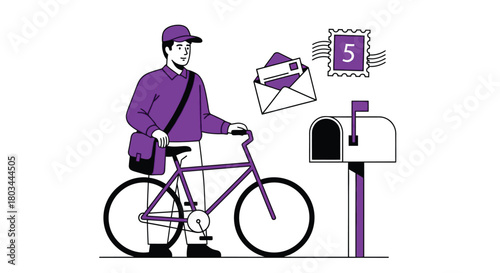 Illustration of postman on bicycle delivering mail and packages
