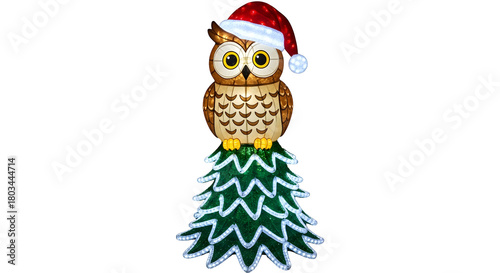 Whimsical Owl Ornament Perched on Stylized Christmas Tree with Santa Hat

