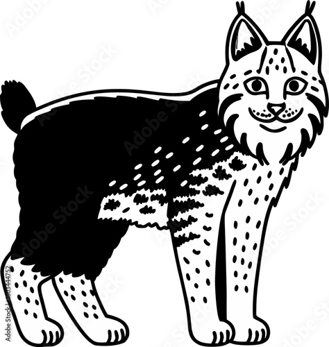 A stylized black and white illustration of a bobcat. The bobcat is depicted in a standing pose, facing the viewer with a friendly expression and open eyes. The bobcat features distinct tufted ears, a 