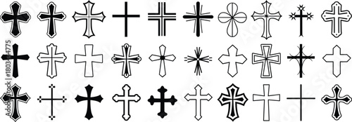 Collection of decorative cross symbols, Christian religious icons, ornate crucifix designs, black and white vector set for faith, worship, spirituality illustrations
