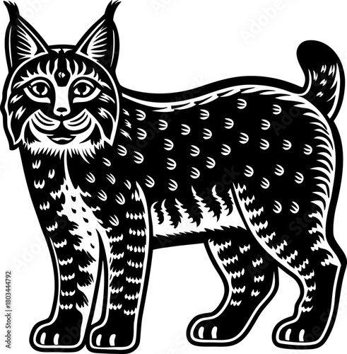 A stylized black and white illustration of a bobcat. The bobcat is depicted in a standing pose, facing the viewer with a friendly expression and open eyes. The bobcat features distinct tufted ears, a 