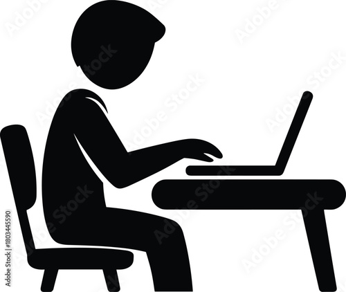 Silhouette of person working on laptop at desk, studying, typing, freelancing, remote work concept icon, educational and office illustration