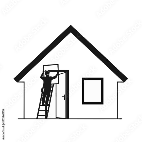 Silhouette of a worker installing a window on a house facade, representing construction and home improvement in a simple, graphic design.