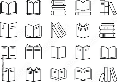 Collection of book icons including open books, closed books, reading symbols, education graphics, study materials, perfect for libraries, schools, and publishing designs
